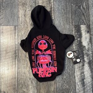 Dog Pumpkin King Graphic Hoodie - Black with Pink/Red Print with leash hole